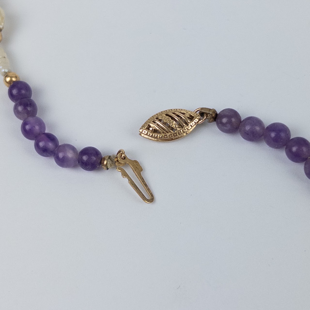 14K Gold, Amethyst, and Small Pearl Necklace