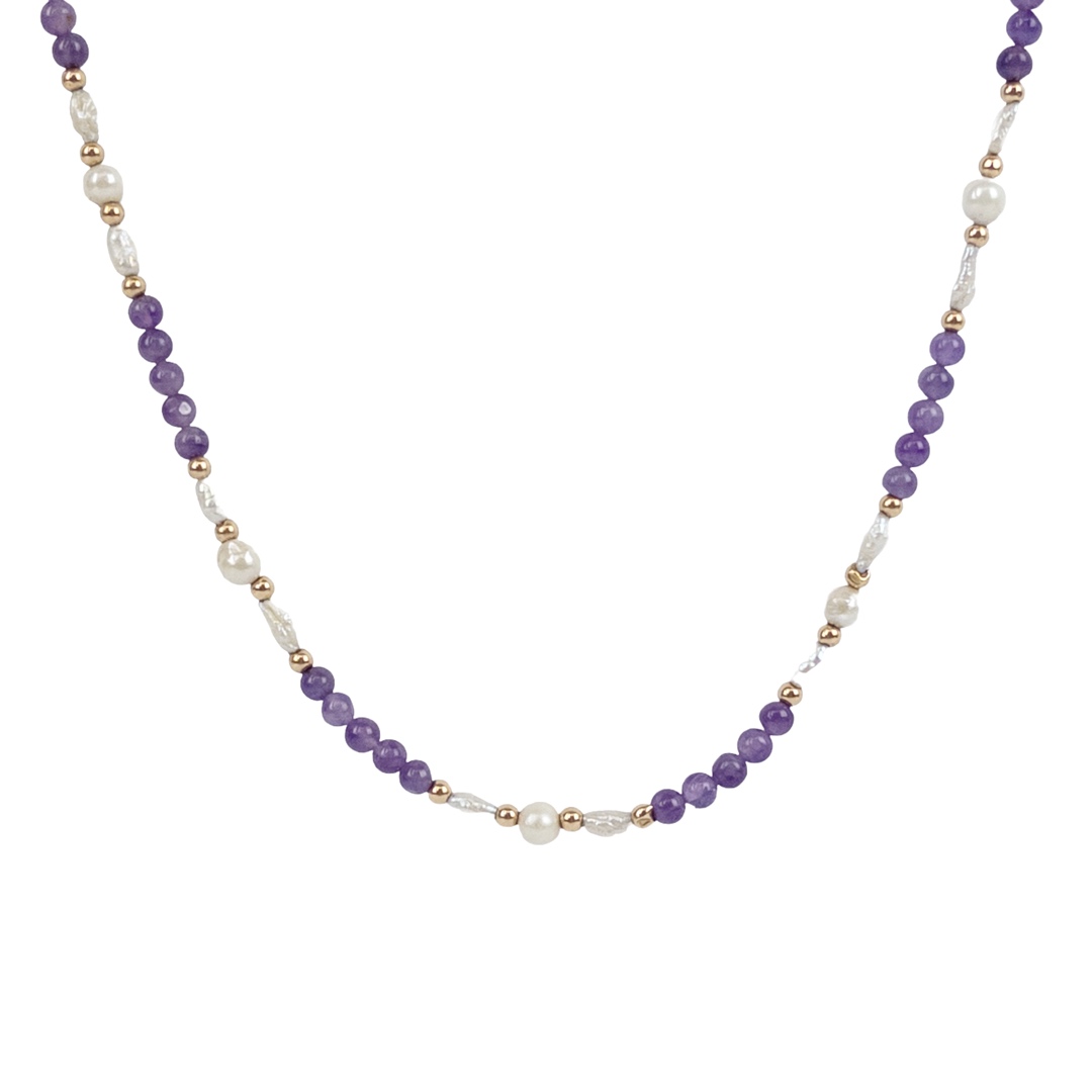 14K Gold, Amethyst, and Small Pearl Necklace