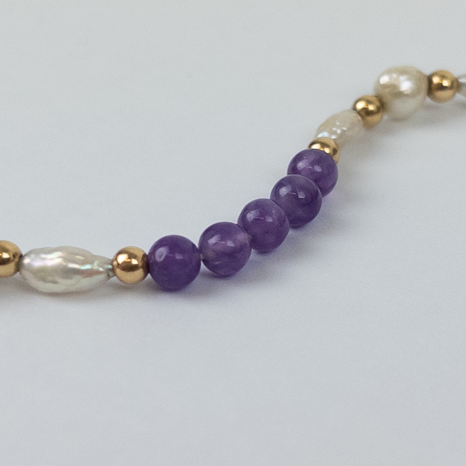 14K Gold, Amethyst, and Small Pearl Necklace