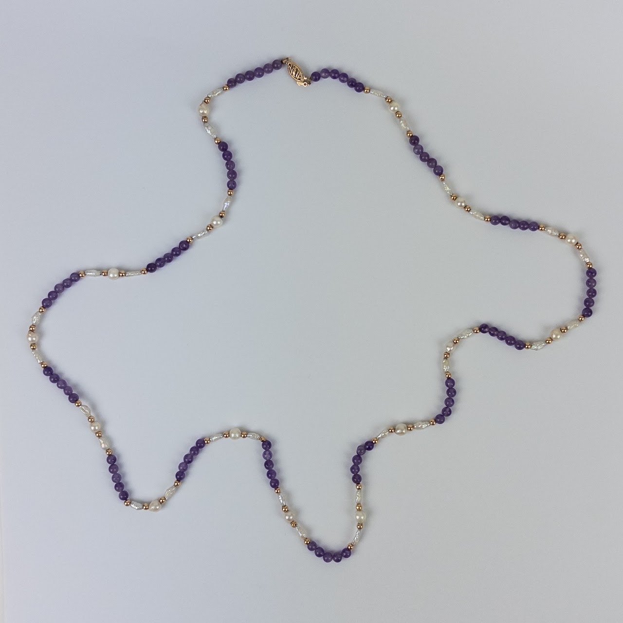 14K Gold, Amethyst, and Small Pearl Necklace