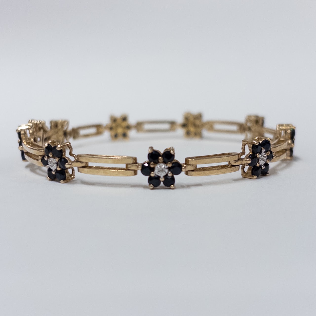 10K Gold Bracelet with Diamond and Blue Stone Blossoms