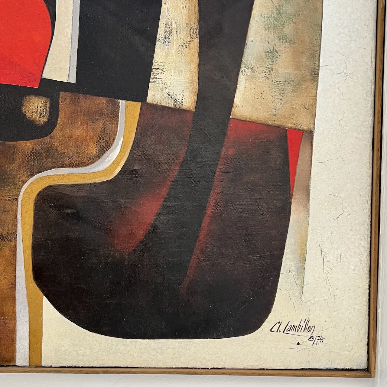 Cl. Lambillon Signed Mid-Century Modernist Geometric Oil Painting, 1974