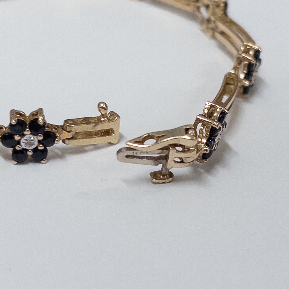 10K Gold Bracelet with Diamond and Blue Stone Blossoms