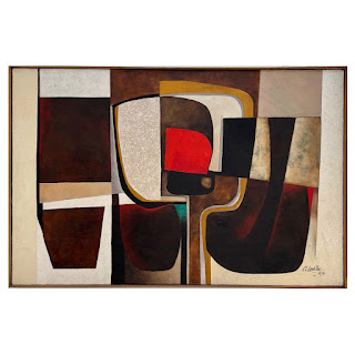 Cl. Lambillon Signed Mid-Century Modernist Geometric Oil Painting, 1974