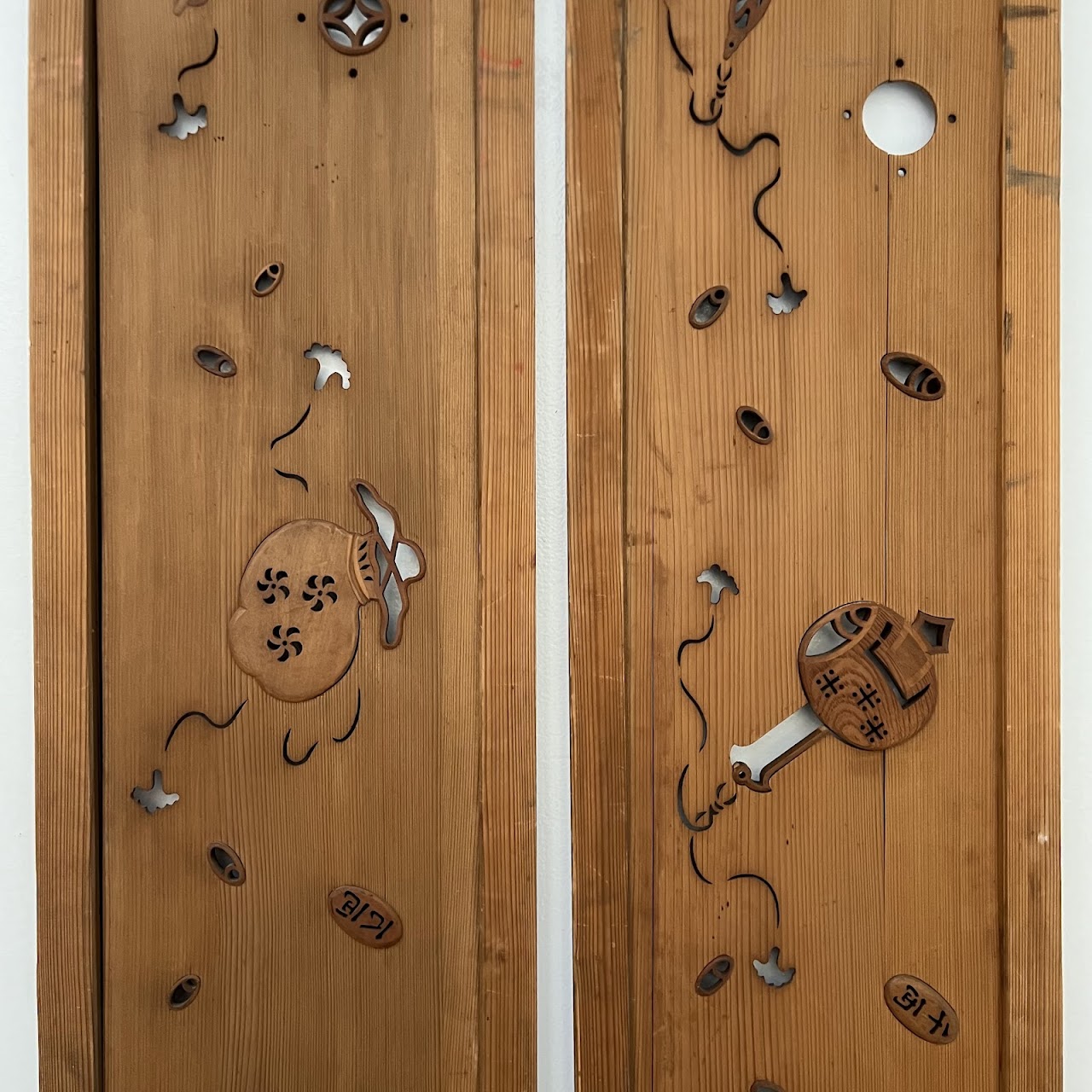 Japanese Inlaid and Pierced Spruce Panel Pair