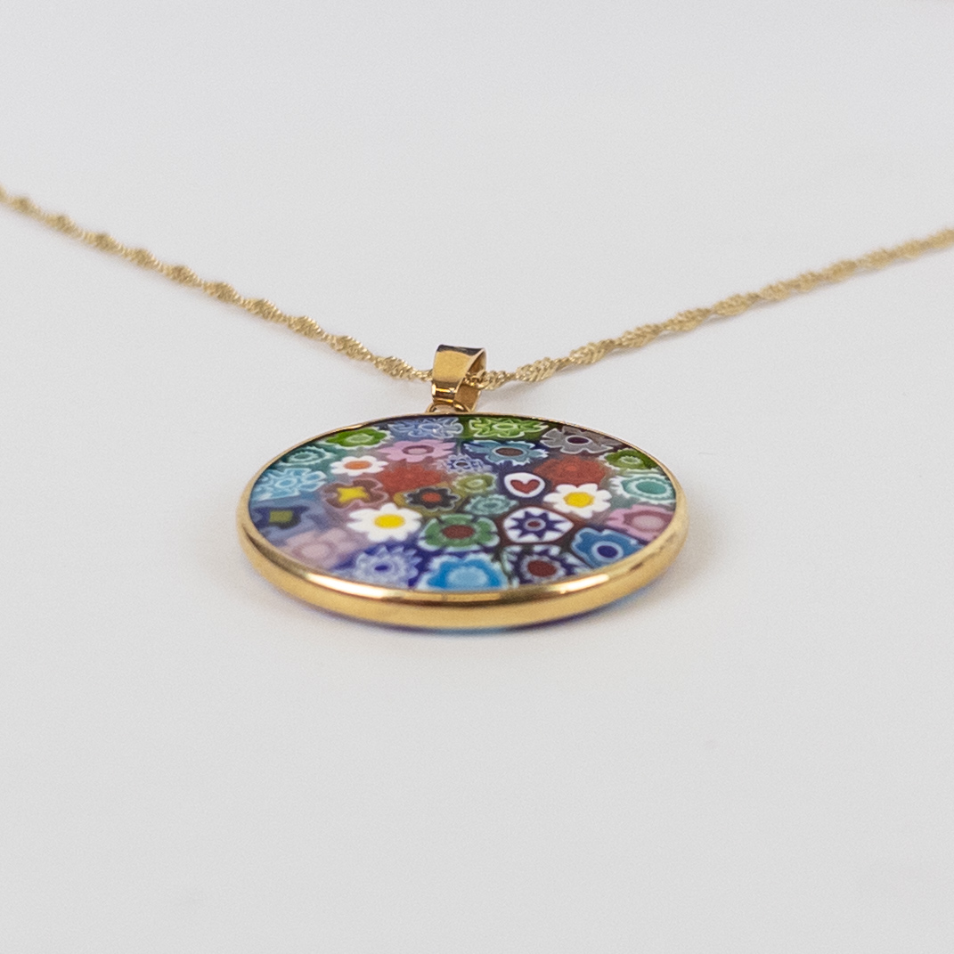 14K Gold and Millefiori Art Glass Pendant Necklace