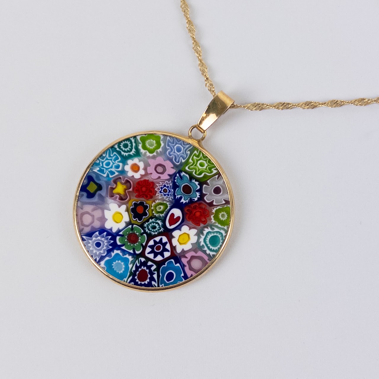 14K Gold and Millefiori Art Glass Pendant Necklace