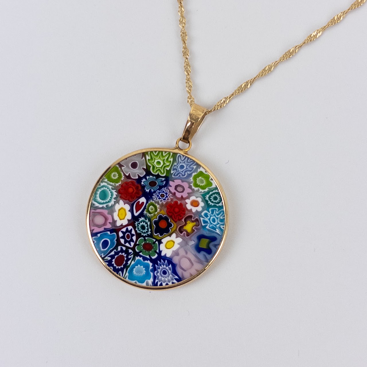 14K Gold and Millefiori Art Glass Pendant Necklace