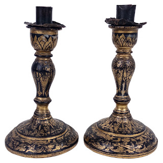 Gilded Foliate Antique Turned Wood Candlestick Pair