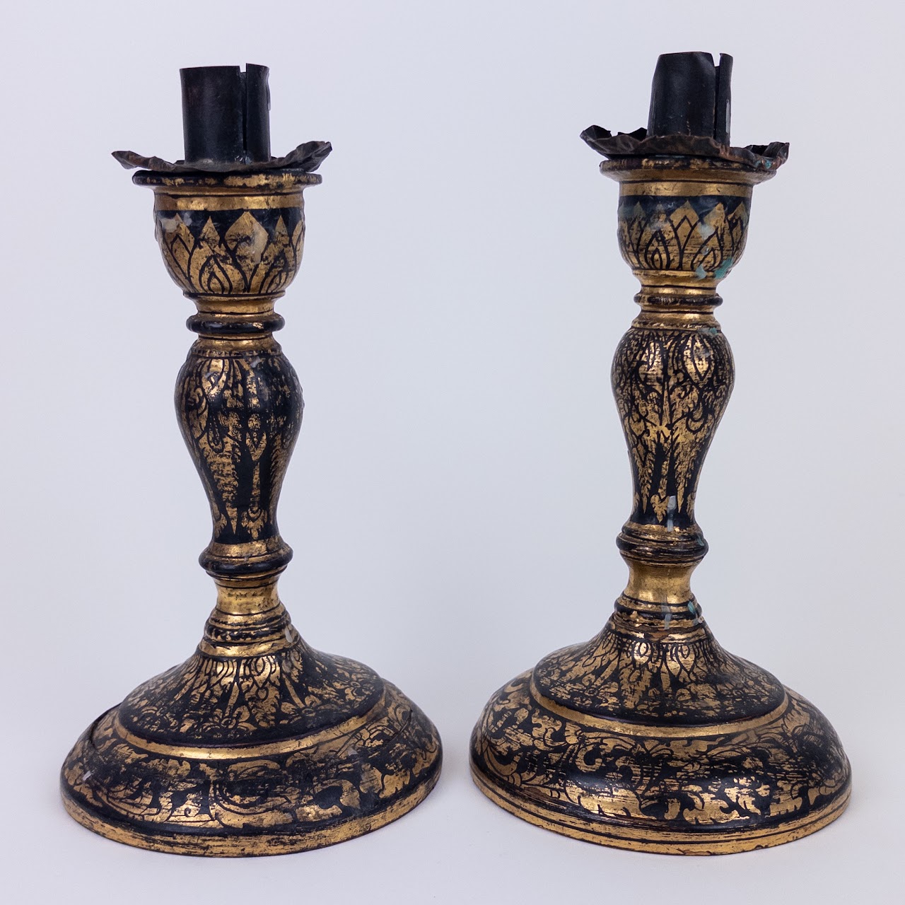 Gilded Foliate Antique Turned Wood Candlestick Pair