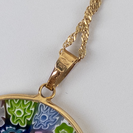 14K Gold and Millefiori Art Glass Pendant Necklace