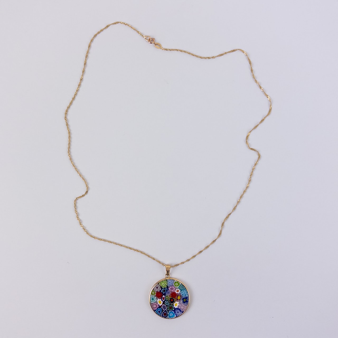 14K Gold and Millefiori Art Glass Pendant Necklace