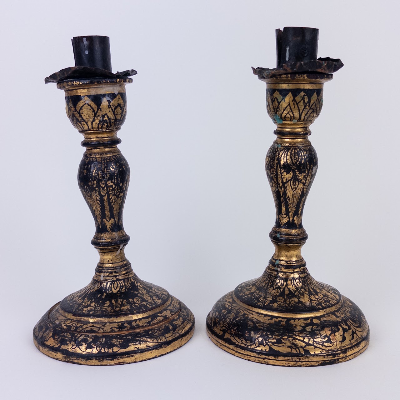 Gilded Foliate Antique Turned Wood Candlestick Pair