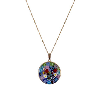 14K Gold and Millefiori Art Glass Pendant Necklace