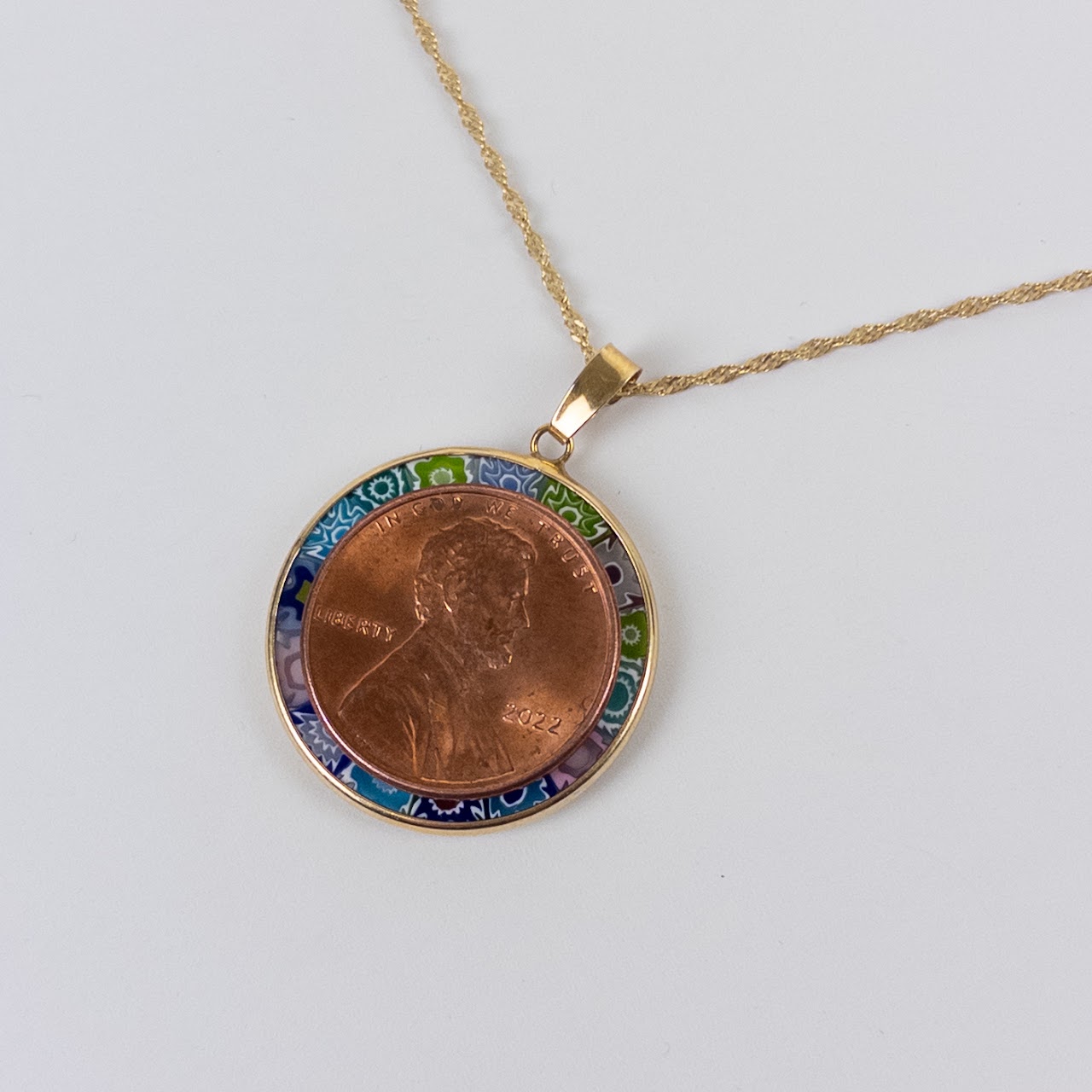 14K Gold and Millefiori Art Glass Pendant Necklace