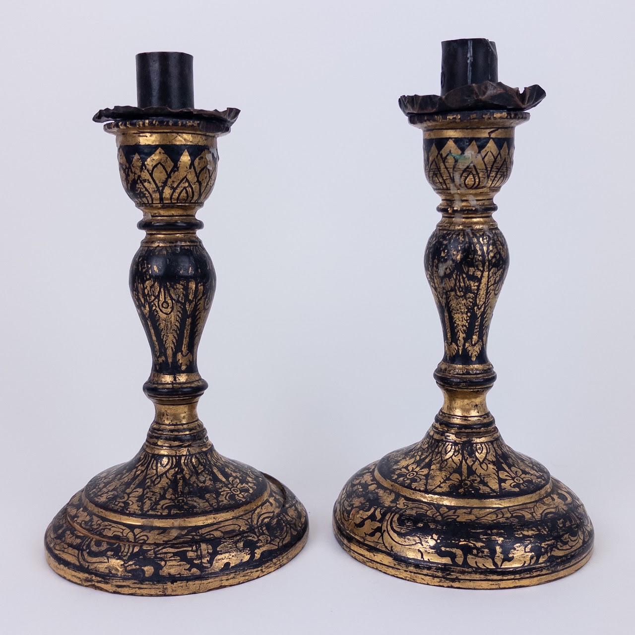 Gilded Foliate Antique Turned Wood Candlestick Pair