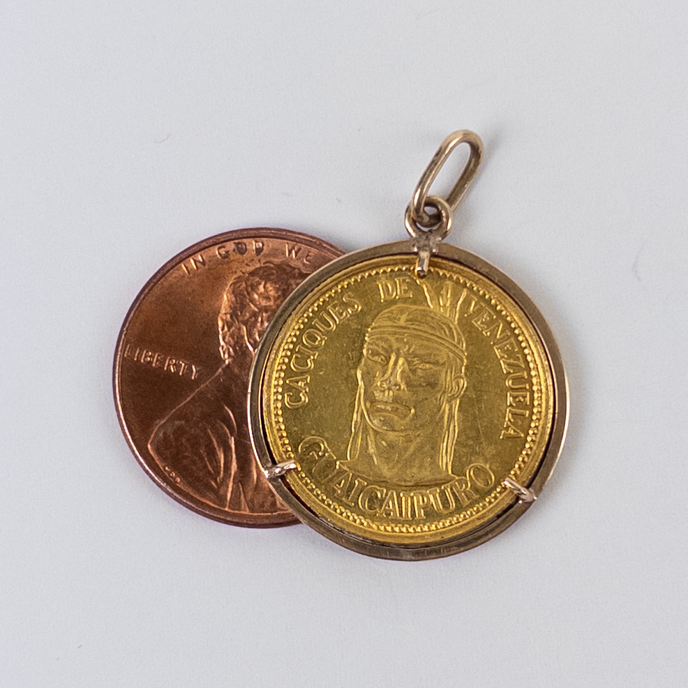 Caicques de Venezuela Guaicaipuro .900 Gold Coin in 14K Gold Pendant Frame