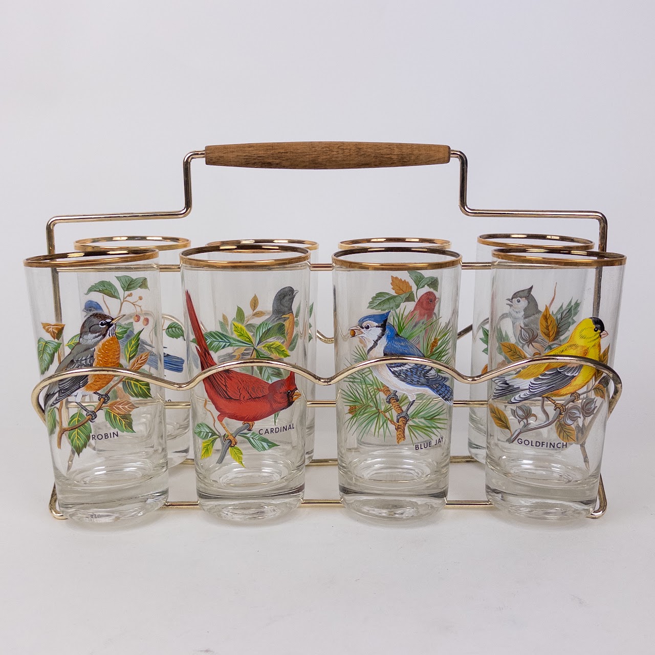 Eight Piece Vintage Bird Motif Tumbler Set & Ice Bucket