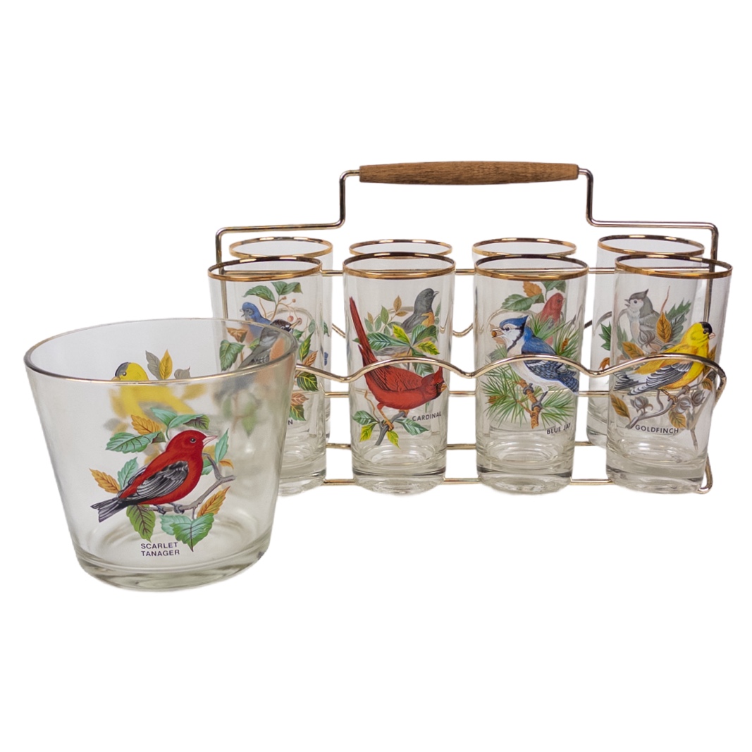 Eight Piece Vintage Bird Motif Tumbler Set & Ice Bucket