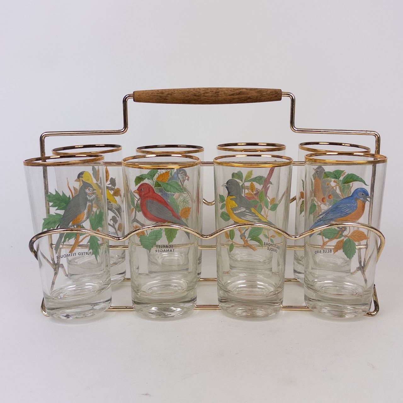 Eight Piece Vintage Bird Motif Tumbler Set & Ice Bucket