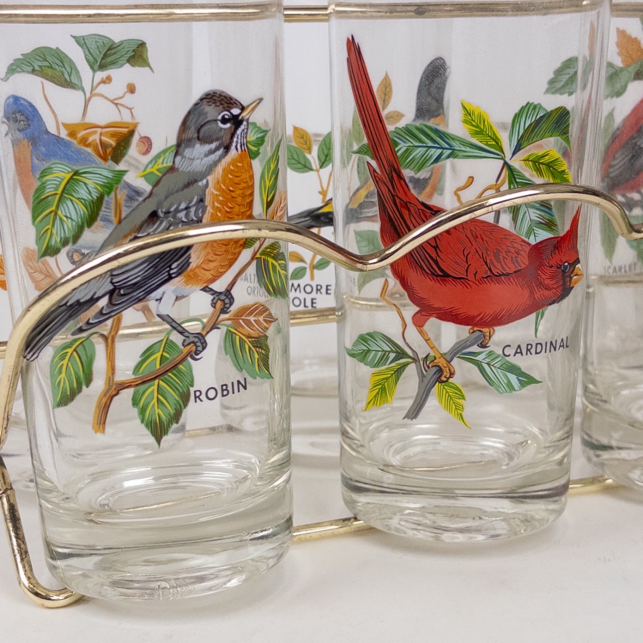 Eight Piece Vintage Bird Motif Tumbler Set & Ice Bucket