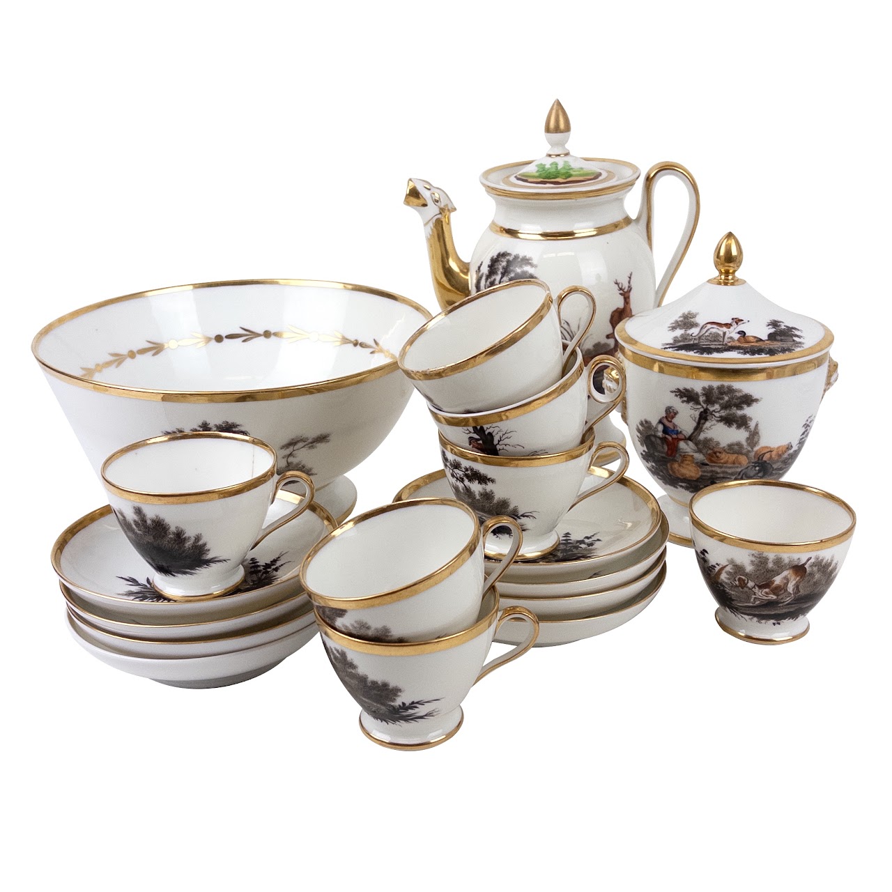 Fine Porcelain Hunting Scene Coffee Serving Lot and Bowl