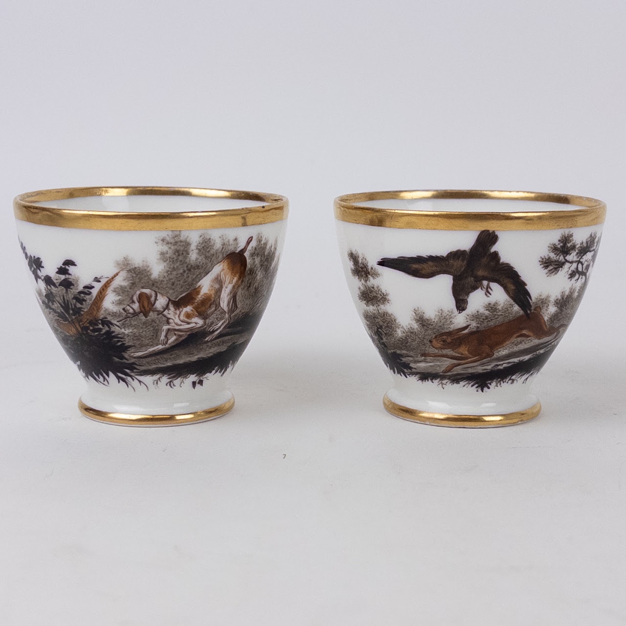 Fine Porcelain Hunting Scene Coffee Serving Lot and Bowl