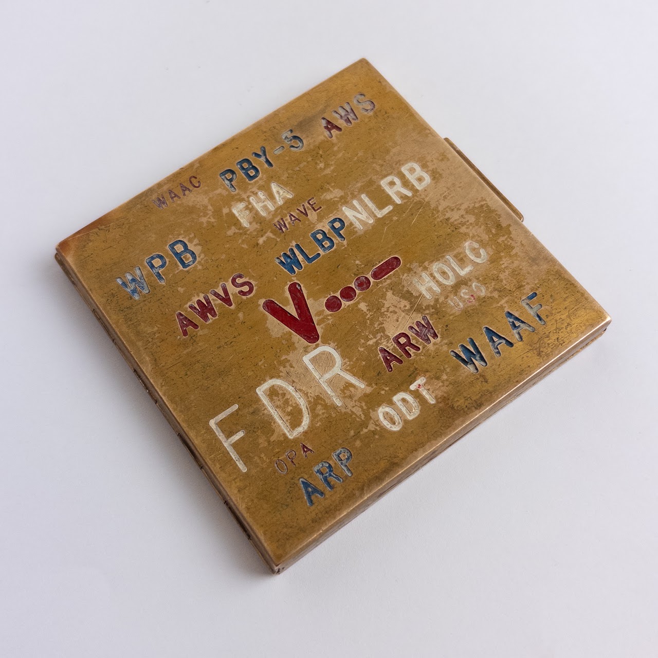 Brass Cosmetics Compact with Depression and WW2 Era Program Stamps