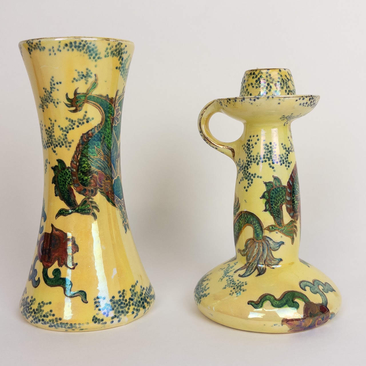 Bursley Ware England Dragon Pattern Lusterware Vase and Candle Holder
