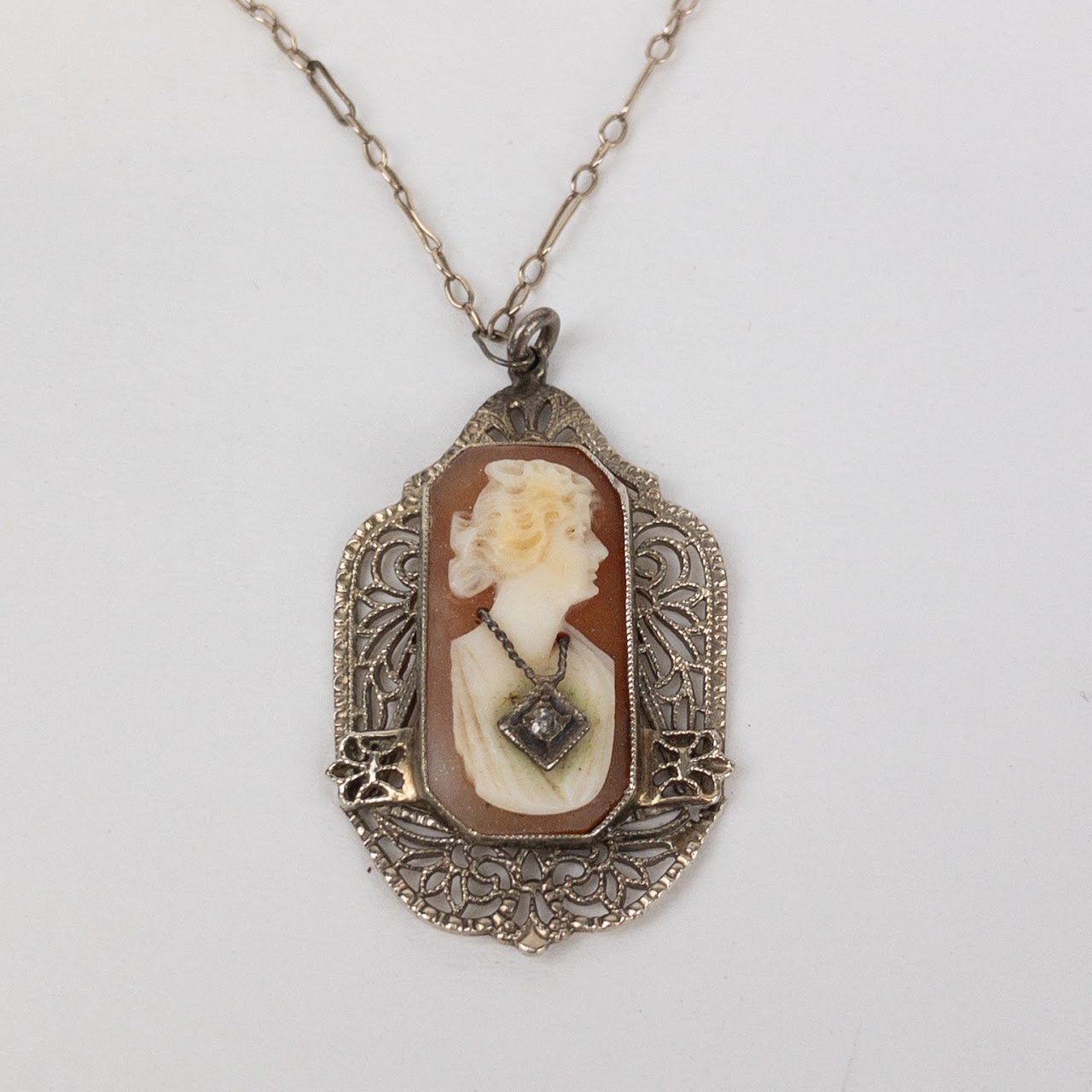 14K White Gold, Cameo, and Diamond Pendant Necklace