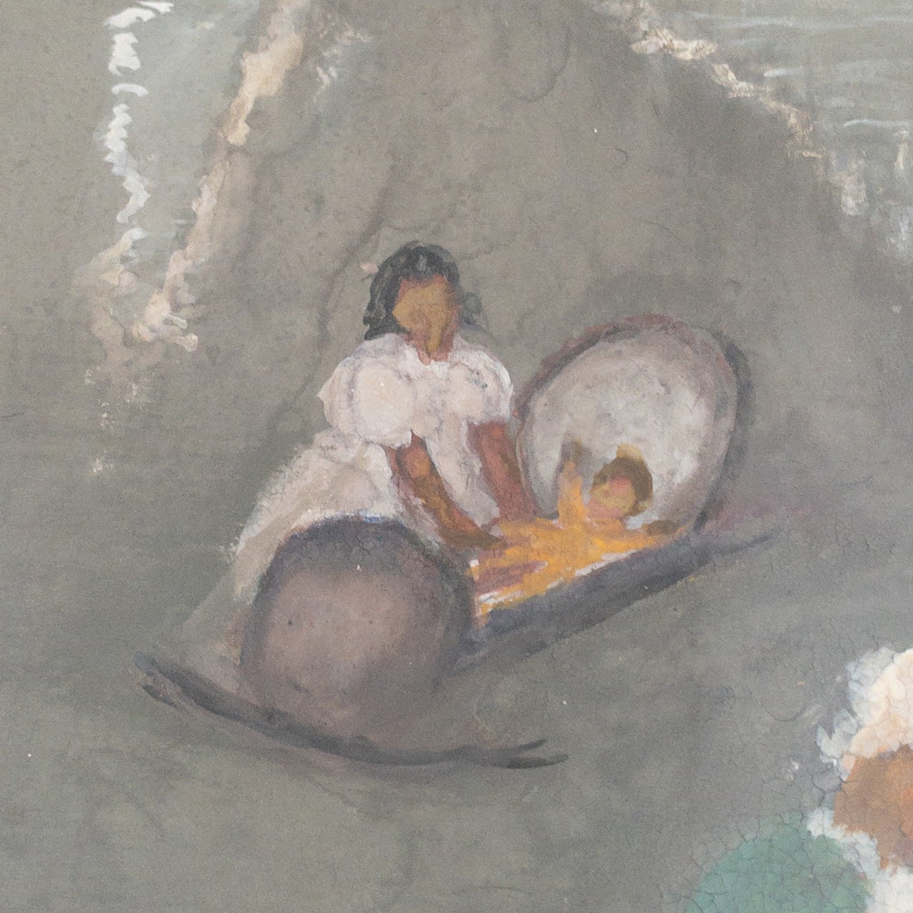 Mid 20th C. Folk Art Nursery Scene Gouache Painting