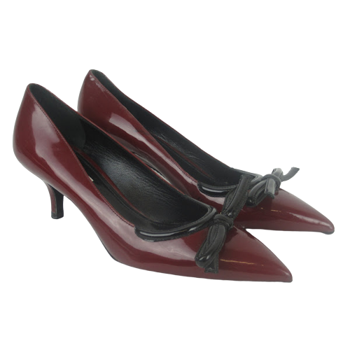 PRADA Burgundy Red Patent Leather Black Bow Pointed Toe Kitten