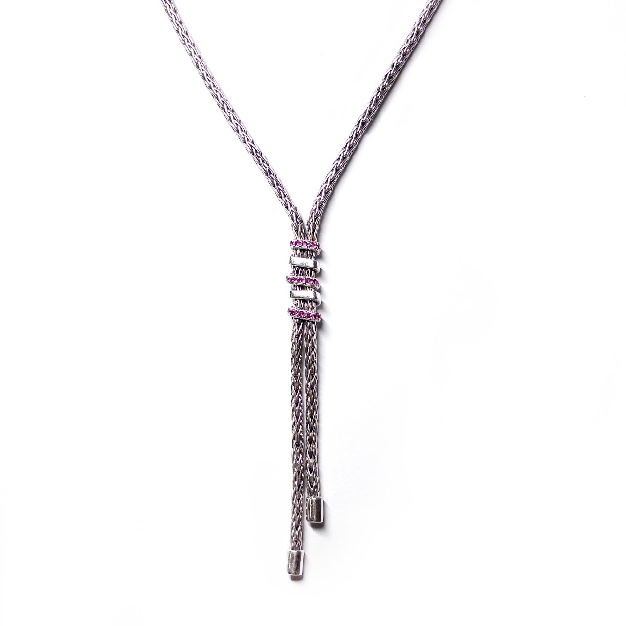 Phillip Gavriel Sterling Silver and Pink Sapphire Woven  Spiral Lariat Necklace