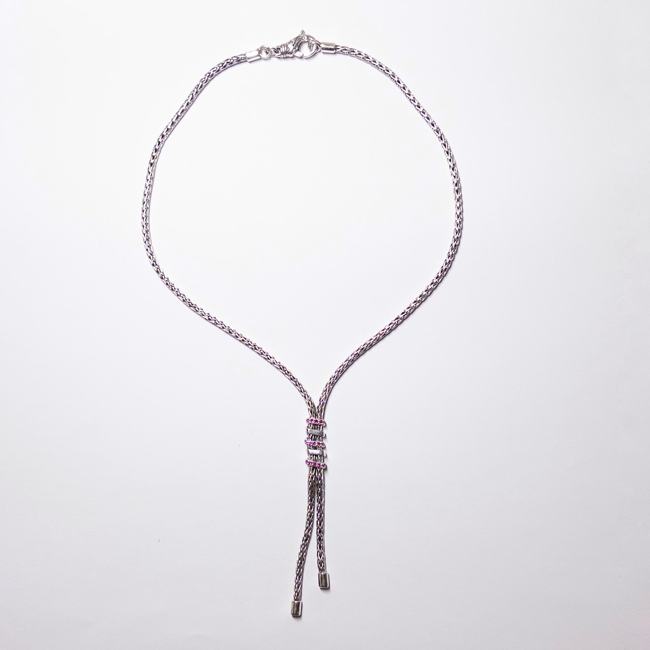 Phillip Gavriel Sterling Silver and Pink Sapphire Woven  Spiral Lariat Necklace