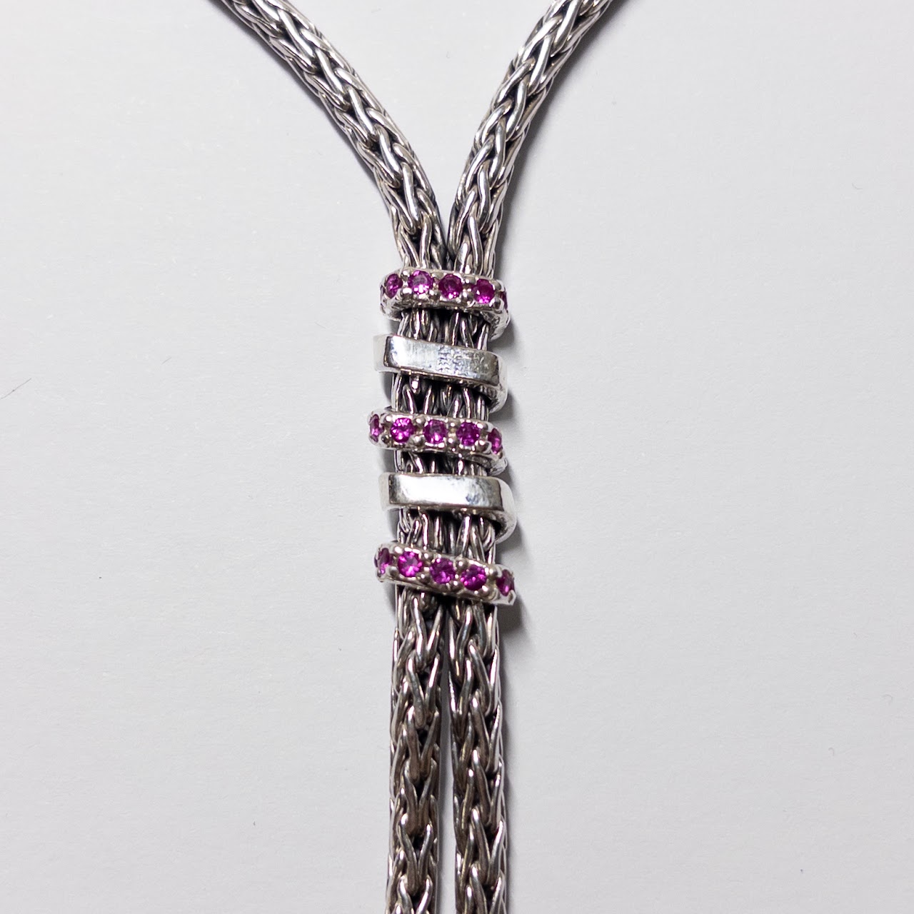 Phillip Gavriel Sterling Silver and Pink Sapphire Woven  Spiral Lariat Necklace