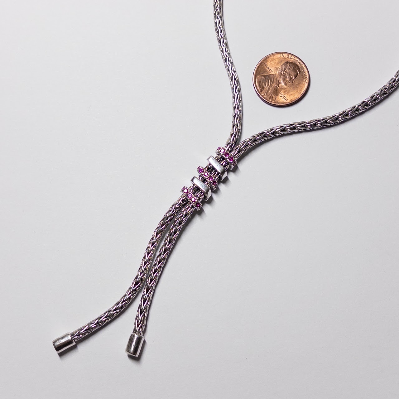 Phillip Gavriel Sterling Silver and Pink Sapphire Woven  Spiral Lariat Necklace