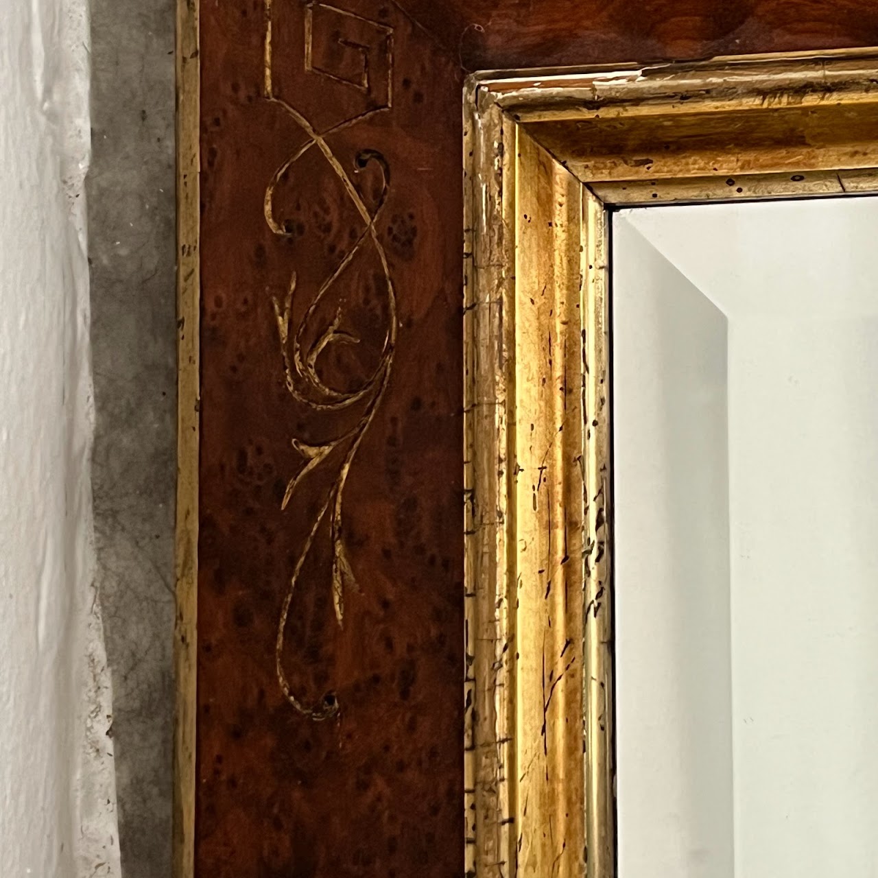 Parcel Gilt Burlwood Framed Antique Beveled Mirror #1