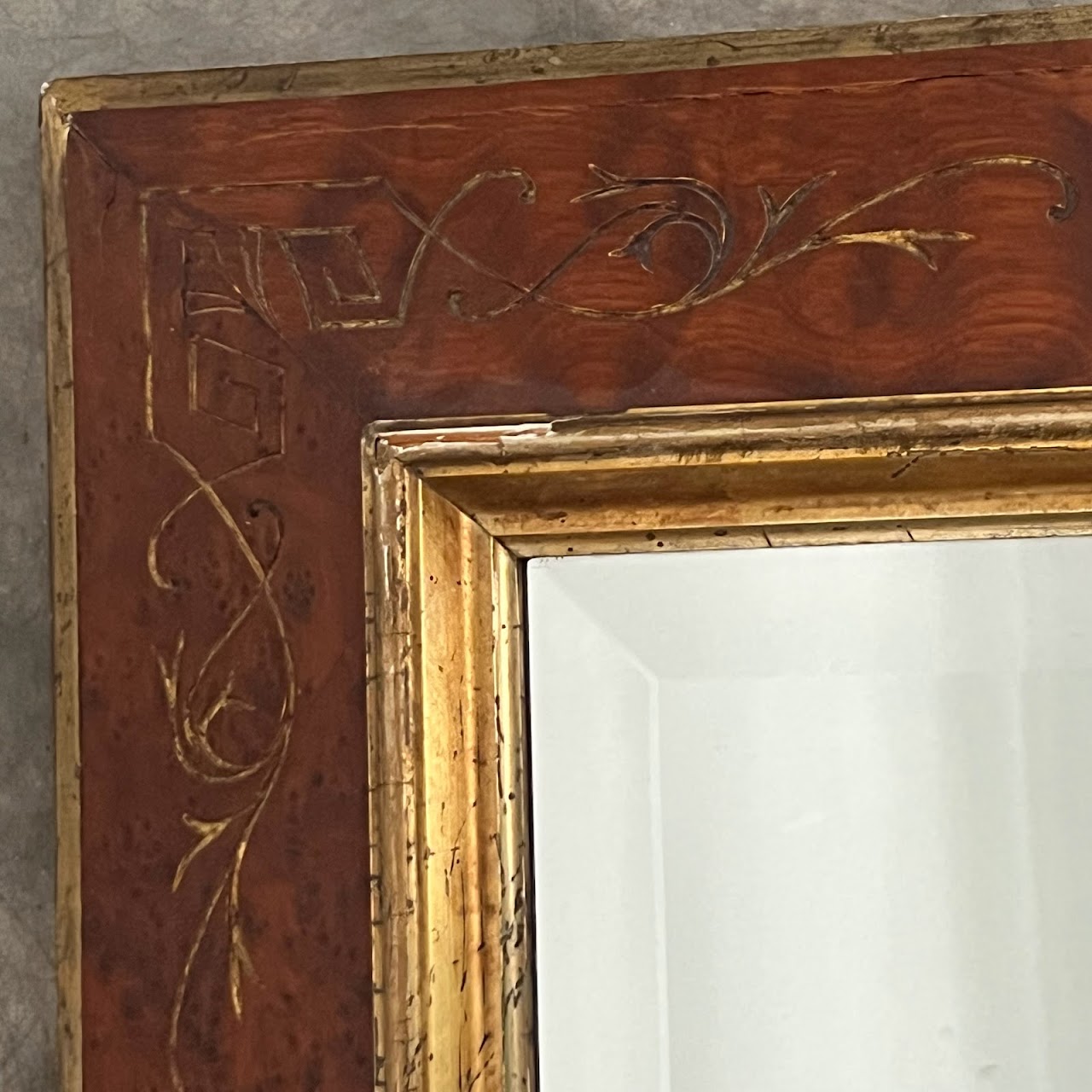 Parcel Gilt Burlwood Framed Antique Beveled Mirror #1