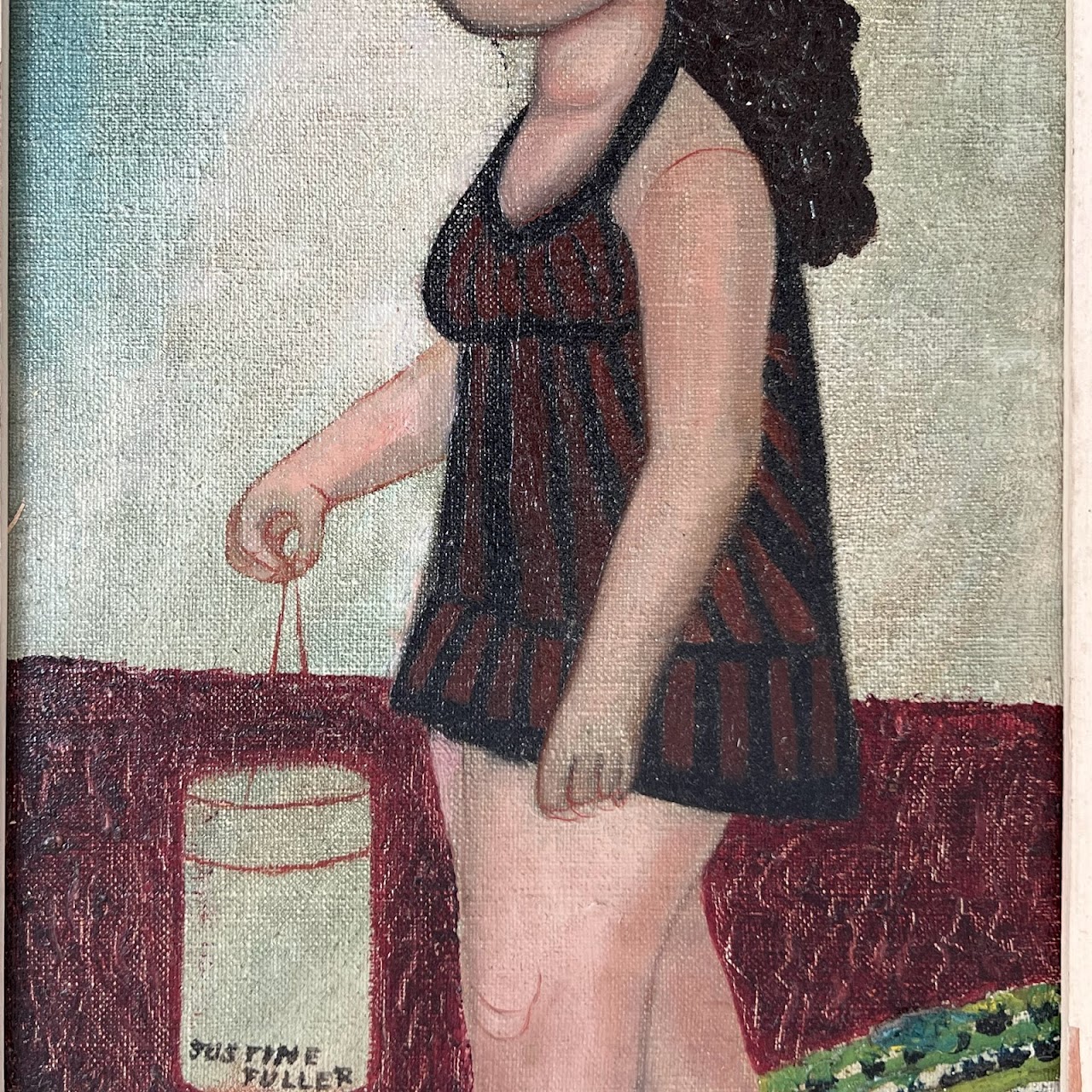 Justine Fuller Signed Folk Art Figural Oil Painting #1