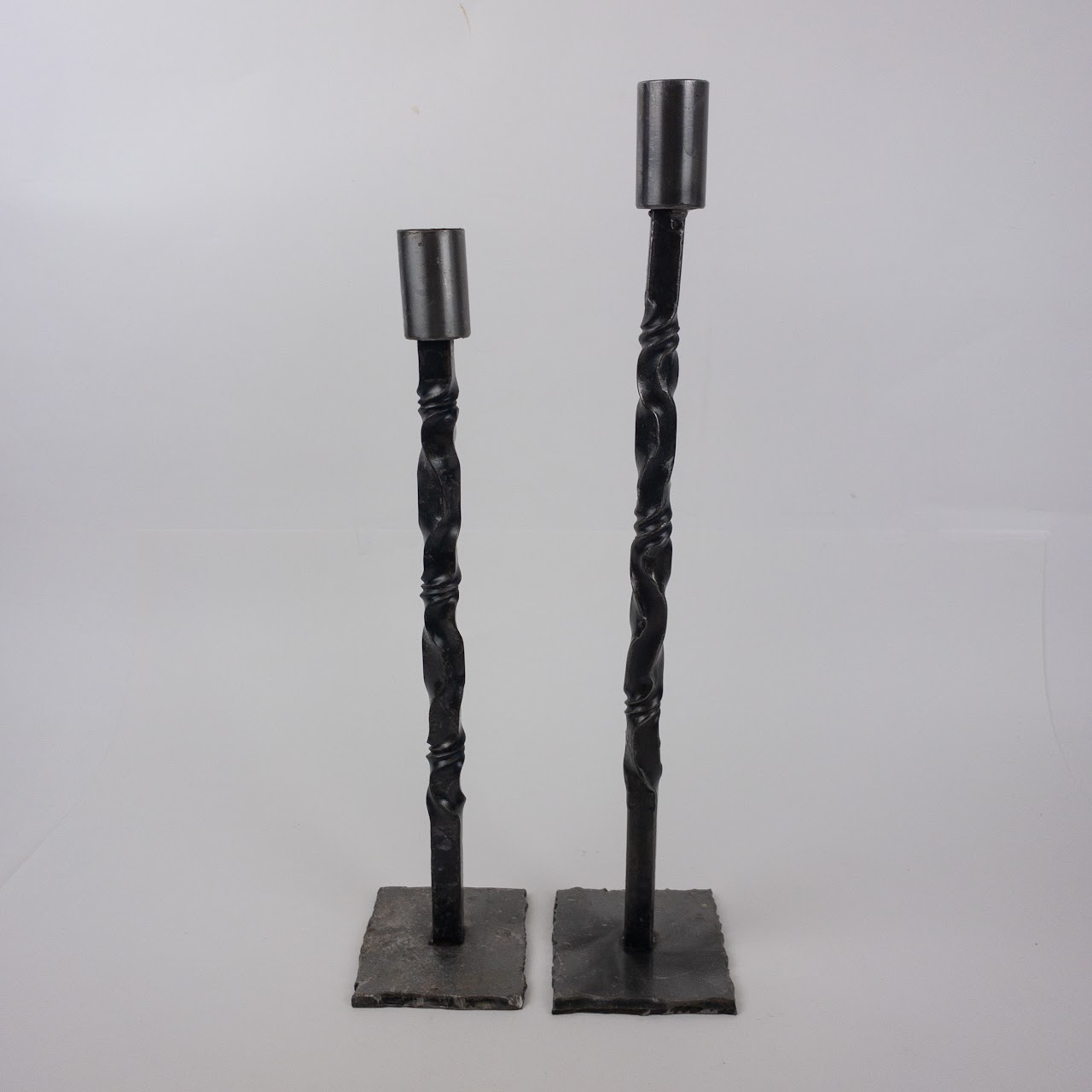 Wrought and Machined Steel Candlestick Pair