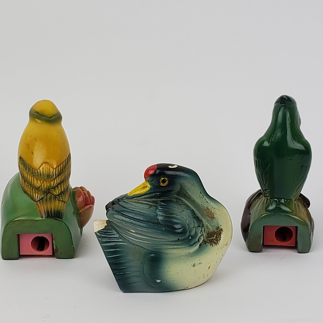 Vintage Chalkware Goldfinch, Parrot & Swan Bird Pencil Sharpener Set