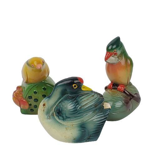 Vintage Chalkware Goldfinch, Parrot & Swan Bird Pencil Sharpener Set