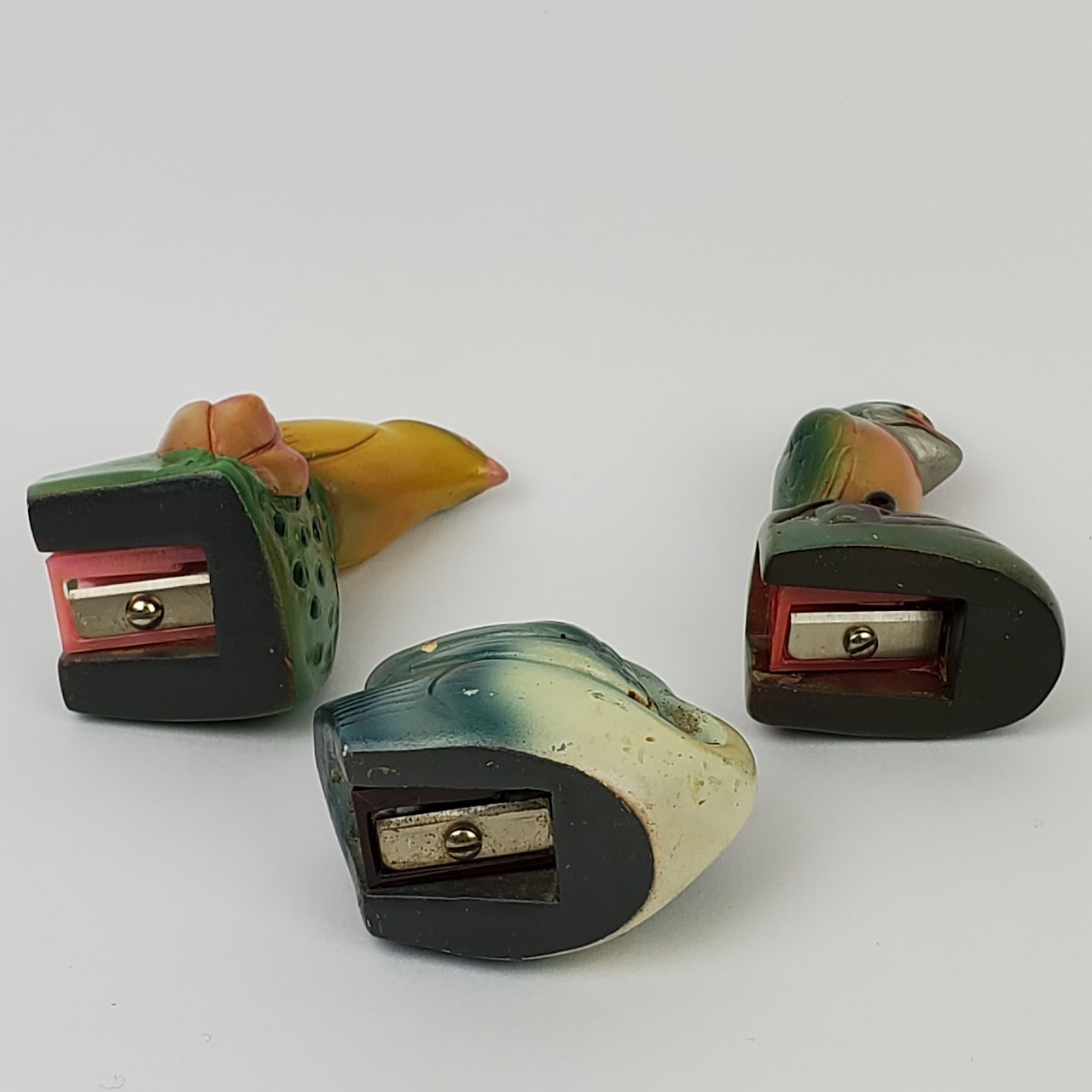 Vintage Chalkware Goldfinch, Parrot & Swan Bird Pencil Sharpener Set