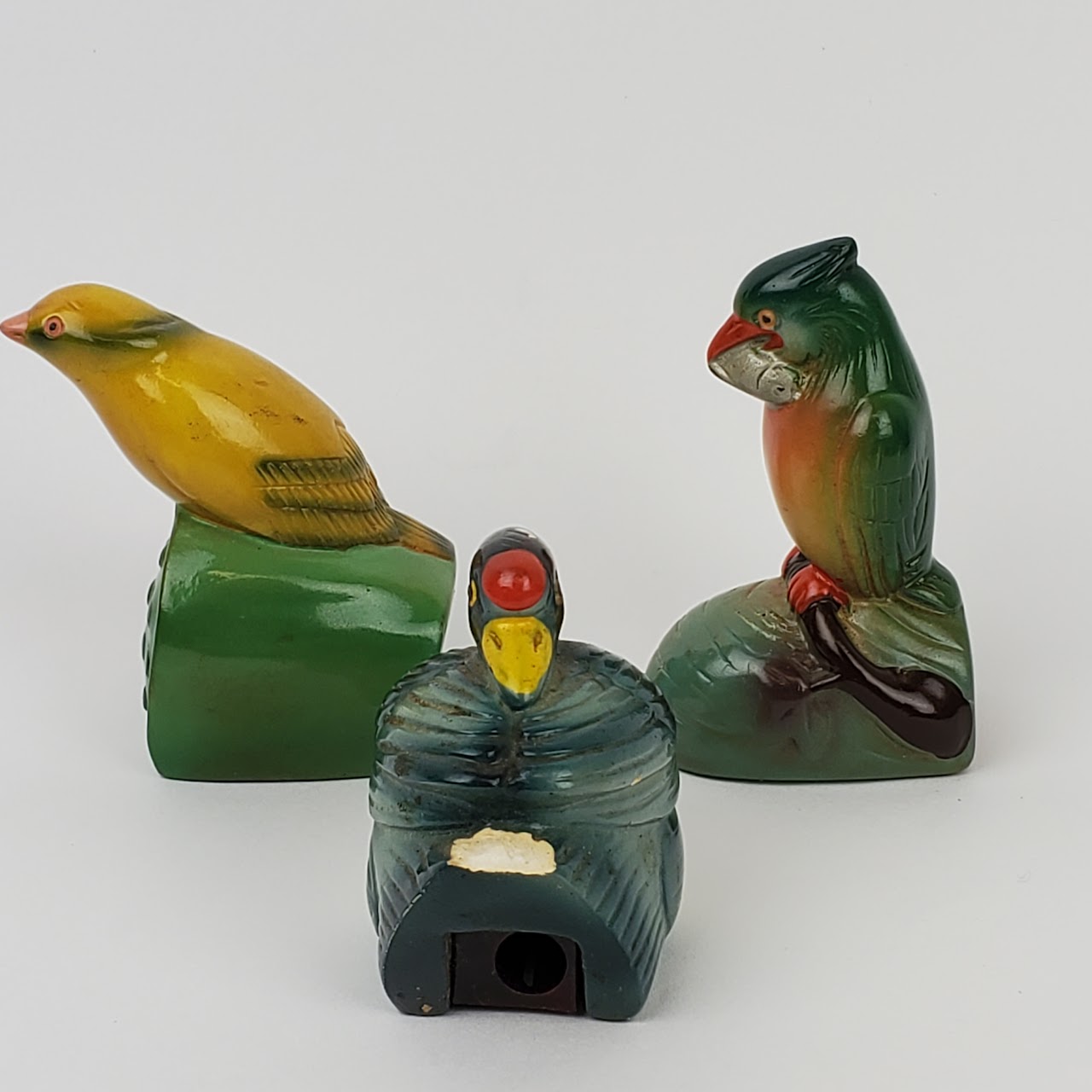 Vintage Chalkware Goldfinch, Parrot & Swan Bird Pencil Sharpener Set