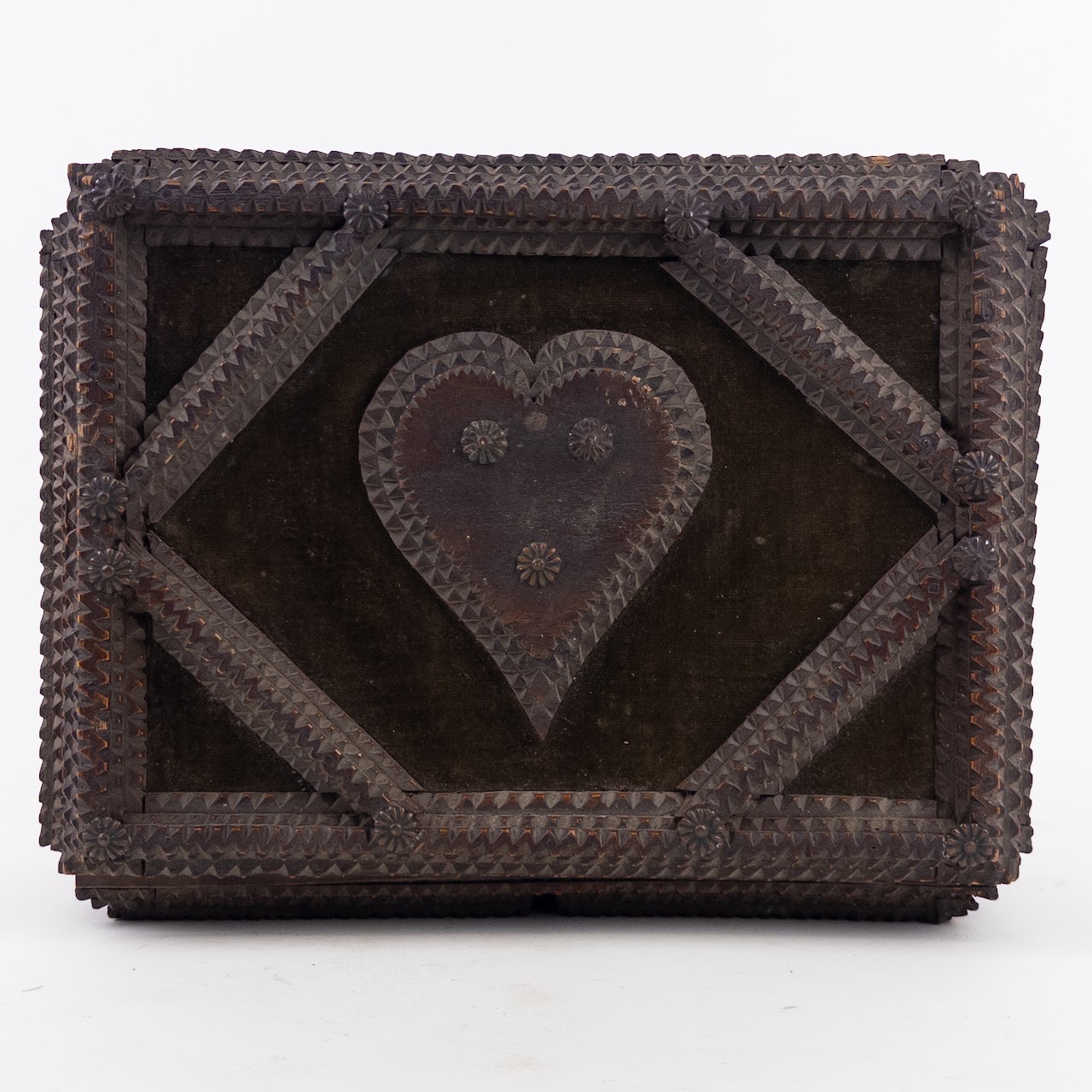 Tramp Art Stacked Wood and Velvet Heart Top Jewelry Box