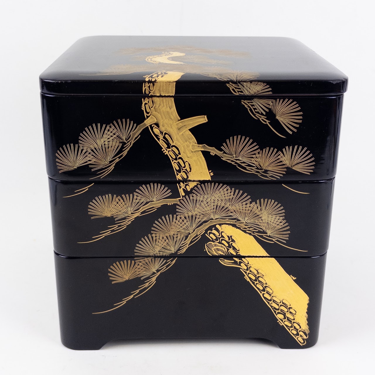 Japanese Urushi Lacquered Pine Tree Three-Tiered Box