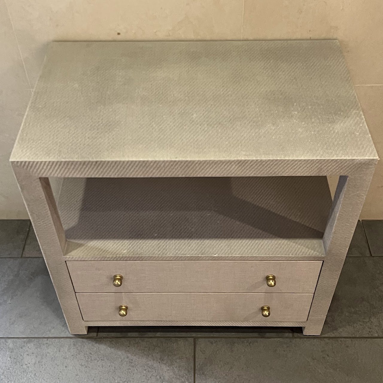 Worlds Away Hattie Gray Grasscloth Two-Drawer Side Table