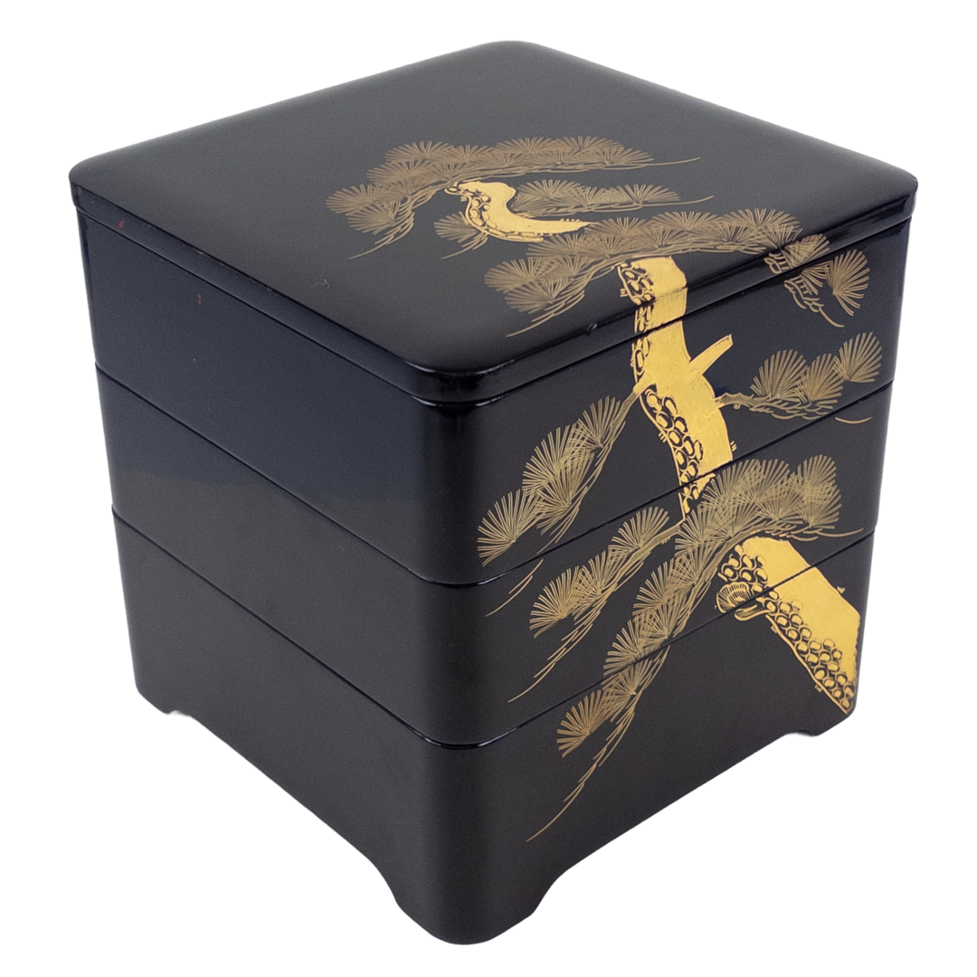 Japanese Urushi Lacquered Pine Tree Three-Tiered Box