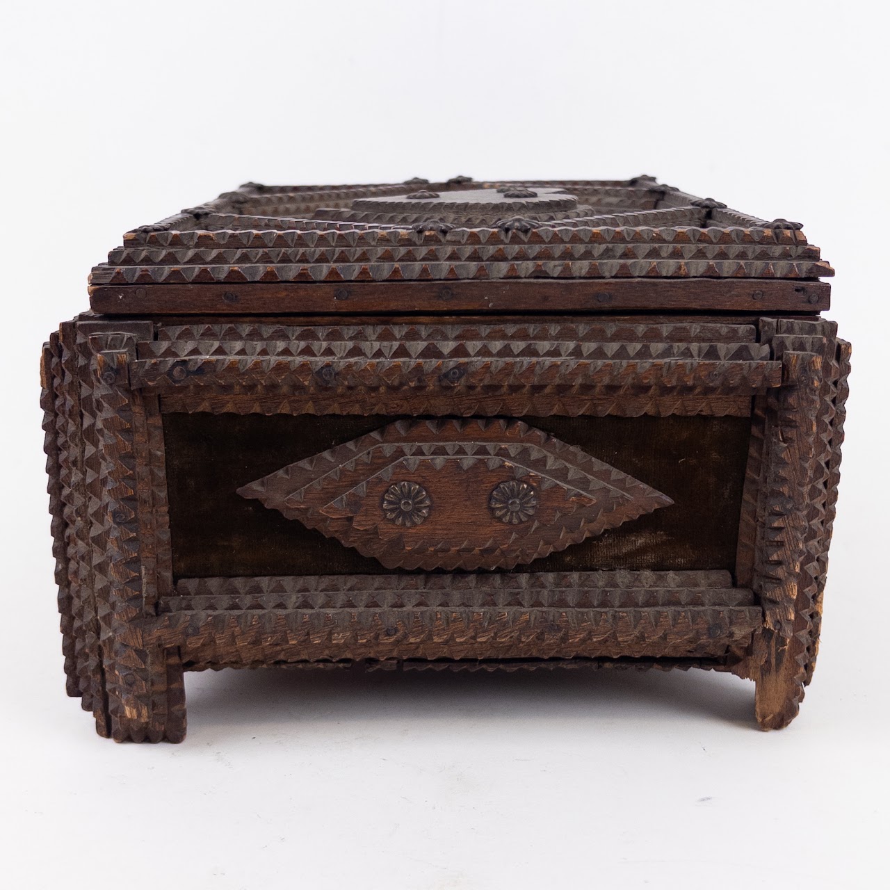 Tramp Art Stacked Wood and Velvet Heart Top Jewelry Box