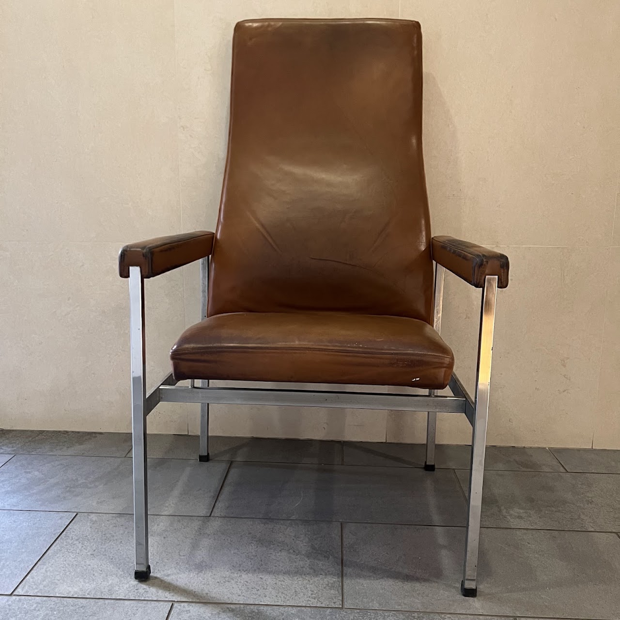 Fritz Hansen Danish Modern Leather and Steel High-Back Armchair